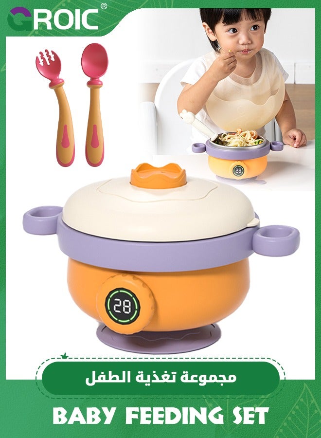 Baby Utensils Set for Toddlers,Baby Bowls and Baby Spoons, Toddler Bowls with Temperature Control Function,Removable and Washable 316 Stainless Steel Baby Suction Bowls,Baby Led Weaning Spoon and Fork