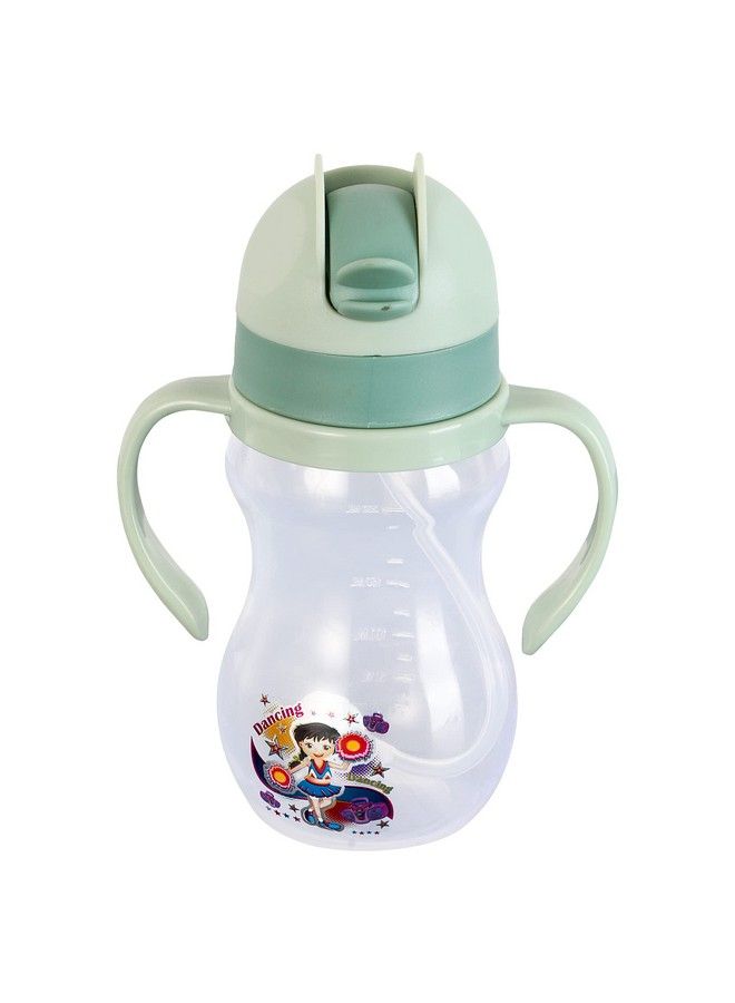 Spillproof Kids Transparent With Gravity Ball Straw Sipper Cup Water Bottle With Handles350Ml (Green)