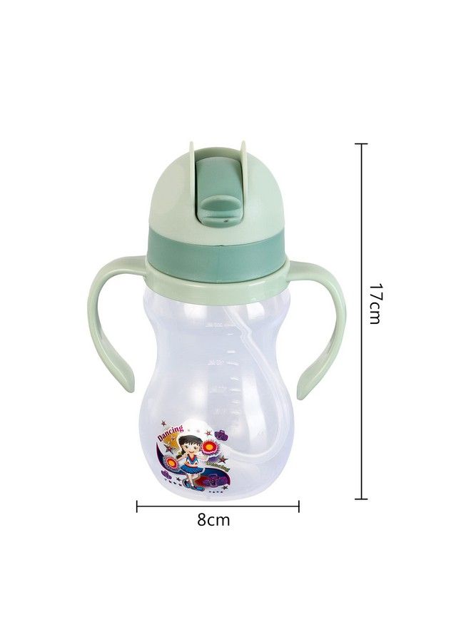 Spillproof Kids Transparent With Gravity Ball Straw Sipper Cup Water Bottle With Handles350Ml (Green)