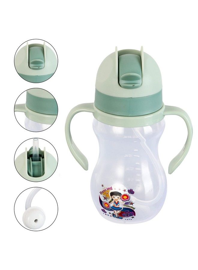 Spillproof Kids Transparent With Gravity Ball Straw Sipper Cup Water Bottle With Handles350Ml (Green)