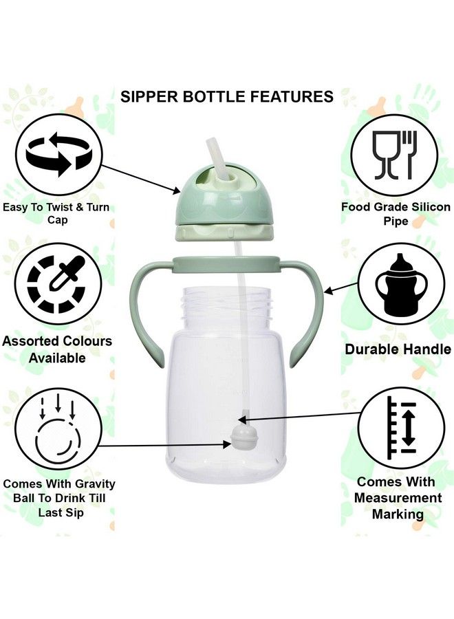 Baby Joy Spillproof Kids Transparent With Gravity Ball Straw Sipper Cup Water Bottle With Handles250 Ml (Green)