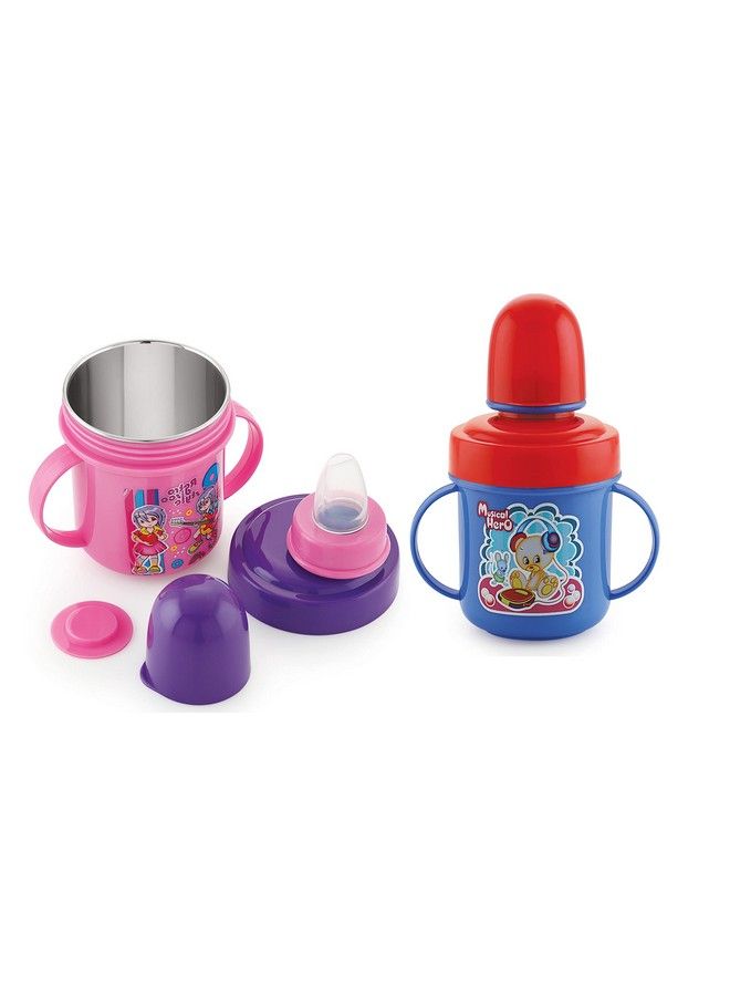 Combo Of 2 Stainless Steel Plastic Soft Nipple Sippy Cups For Baby Sipper Cup ; Anti Spill Sippy Cup ; Bpa Free ; Plastic Sipper (Blue & Pink)