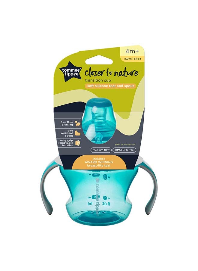 Tommee Tippee Transition Cup, Breast-Like Teat and Soft Silicone Spout, Removable Easy-Grip Handles, Leakproof Lid, 150ml, 4-7m+, Colours Vary