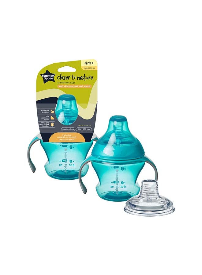 Tommee Tippee Transition Cup, Breast-Like Teat and Soft Silicone Spout, Removable Easy-Grip Handles, Leakproof Lid, 150ml, 4-7m+, Colours Vary