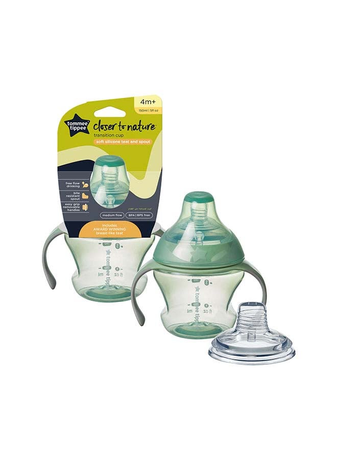 Tommee Tippee Transition Cup, Breast-Like Teat and Soft Silicone Spout, Removable Easy-Grip Handles, Leakproof Lid, 150ml, 4-7m+, Colours Vary