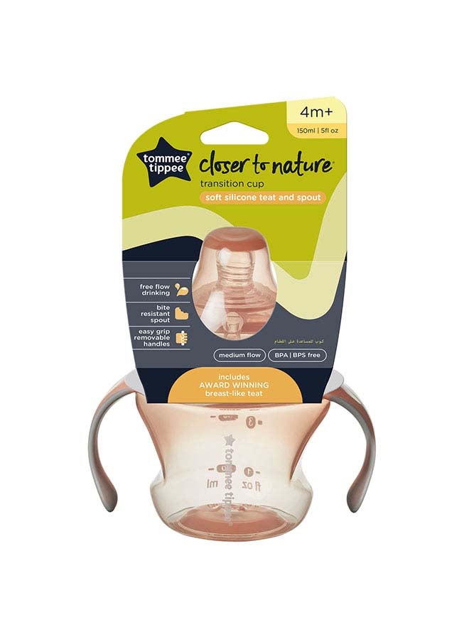 Tommee Tippee Transition Cup, Breast-Like Teat and Soft Silicone Spout, Removable Easy-Grip Handles, Leakproof Lid, 150ml, 4-7m+, Colours Vary