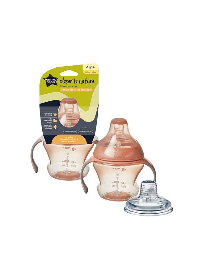 Tommee Tippee Transition Cup, Breast-Like Teat and Soft Silicone Spout, Removable Easy-Grip Handles, Leakproof Lid, 150ml, 4-7m+, Colours Vary