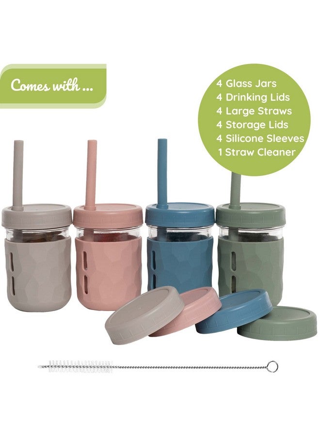 Glass Cups With Lids & Straws Spillresistant Smoothie Cups For Toddlers & Kids Triple As Toddler Cups Baby Food Storage & Snack Jars Xl Silicone Straws Easygrip Sleeves Set Of Four
