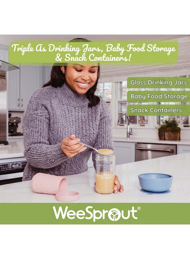 Glass Cups With Lids & Straws Spillresistant Smoothie Cups For Toddlers & Kids Triple As Toddler Cups Baby Food Storage & Snack Jars Xl Silicone Straws Easygrip Sleeves Set Of Four