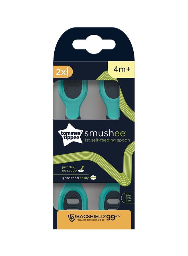 Pack Of 2 Smushee First Self-Feeding Weaning Spoons With Antibacterial Technology, Chunky Handles And Reversible, 4 Months+