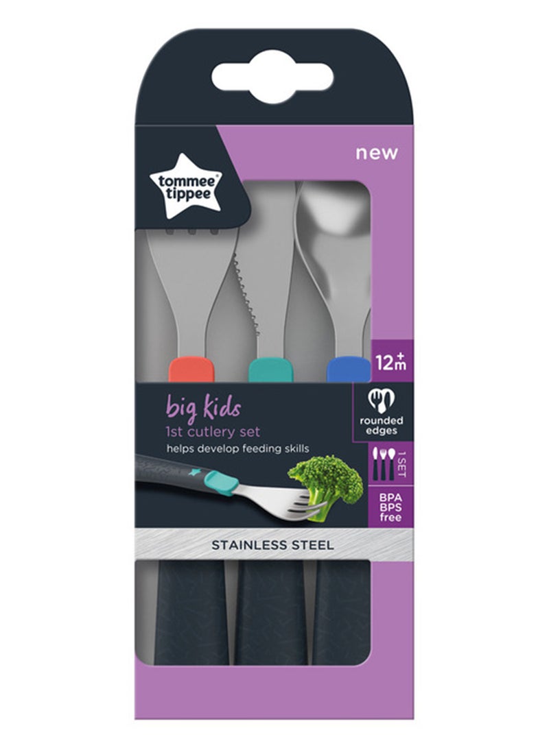 Pack Of 3 Big Kids Stainless Steel First Cutlery Set Rounded Edges Chunky Handles 12 Months+, Multicolour