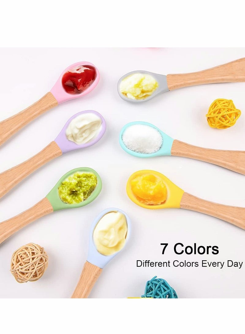 Baby Spoon 7 Pcs Baby Feeding Spoons with Soft Curved Silicone Tips Bamboo Natural Safe Weaning Feeding Spoons BPA-Free Safe Utensils for Toddlers Kids Infants for Toddler Self Feeding Training