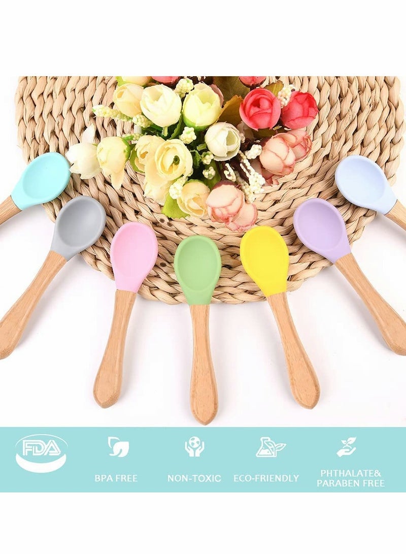 Baby Spoon 7 Pcs Baby Feeding Spoons with Soft Curved Silicone Tips Bamboo Natural Safe Weaning Feeding Spoons BPA-Free Safe Utensils for Toddlers Kids Infants for Toddler Self Feeding Training