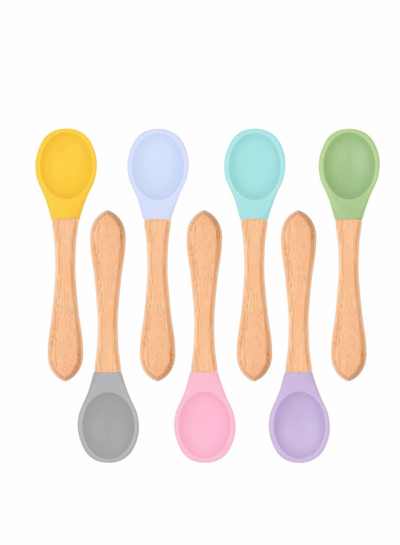 Baby Spoon 7 Pcs Baby Feeding Spoons with Soft Curved Silicone Tips Bamboo Natural Safe Weaning Feeding Spoons BPA-Free Safe Utensils for Toddlers Kids Infants for Toddler Self Feeding Training