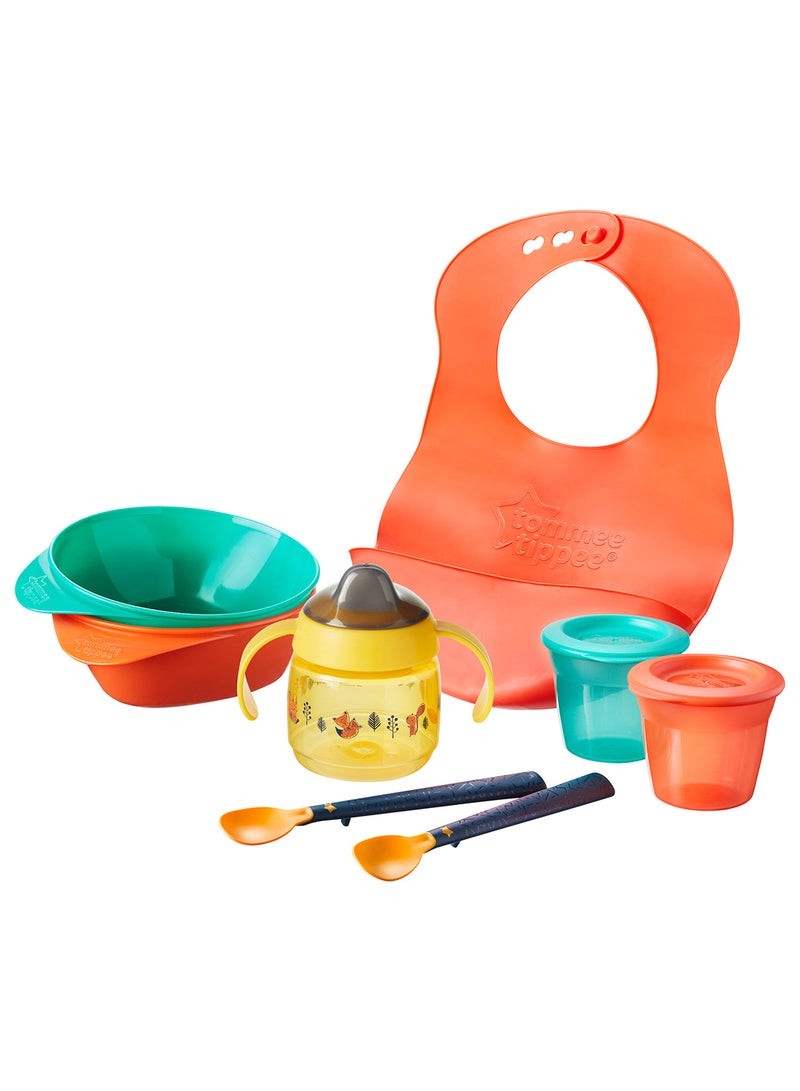 Weaning Starter Kit With Toddler Feeding Bowls And Spoons, Roll And Go Bib, Weaning Sippy Cup And Food Storage Pots 4 Months+, Multicolour