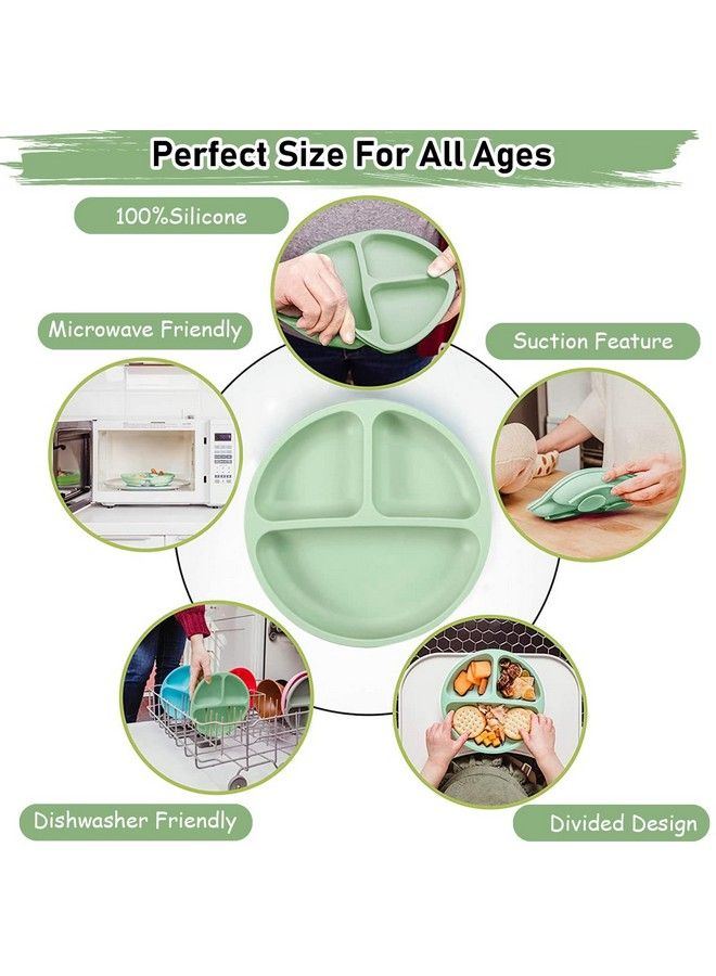 Baby Suction Plates For Baby Feeding With 4 Strong Suction Cups Silicone Toddler Plates With Deep Divided For Kids To Feed Themselves Dish Washer & Micro Wave Oven Safe (Green)