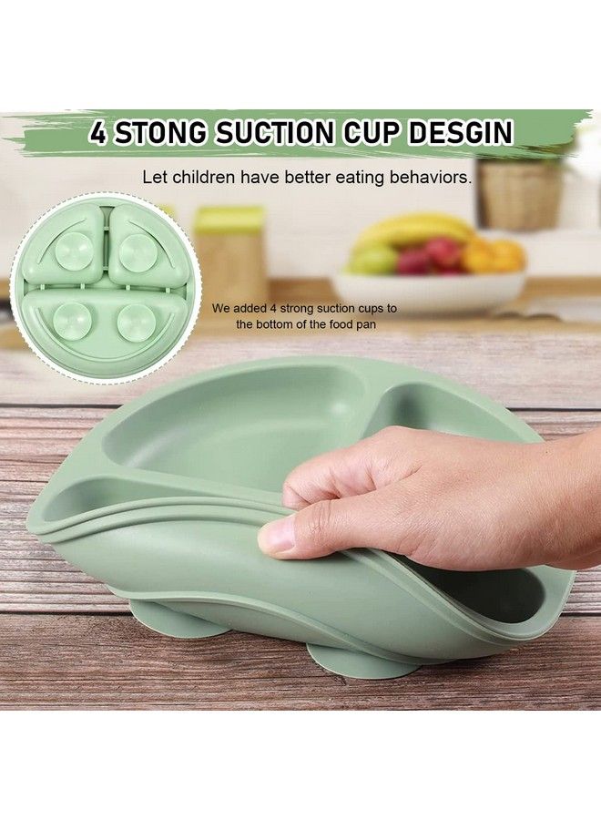 Baby Suction Plates For Baby Feeding With 4 Strong Suction Cups Silicone Toddler Plates With Deep Divided For Kids To Feed Themselves Dish Washer & Micro Wave Oven Safe (Green)