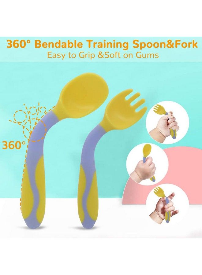 4Pcs Baby Plates For Baby With Cover Fork Prispoons And Straws Food Grade Pp Suction Cup Bowl Set Self Feeding For Toddler Dishwasher & Microwave Safe Bpa Free