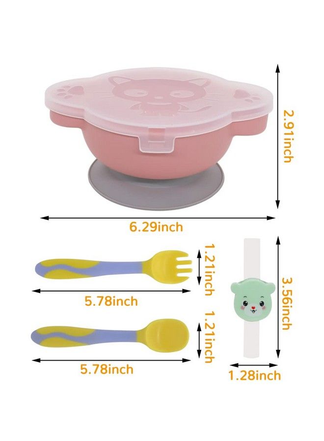 4Pcs Baby Plates For Baby With Cover Fork Prispoons And Straws Food Grade Pp Suction Cup Bowl Set Self Feeding For Toddler Dishwasher & Microwave Safe Bpa Free