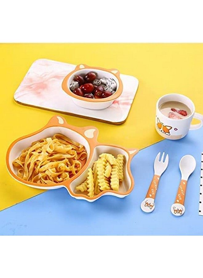 Bamboo Baby Tableware Set Eco Friendly Bamboo Fiber Dinner Set For Weaning Toddlers;Kids Set Of Plate Bowl Cup Fork And Spoon;Baby Feeding Utensils For Kids And Toddlers (Dog)