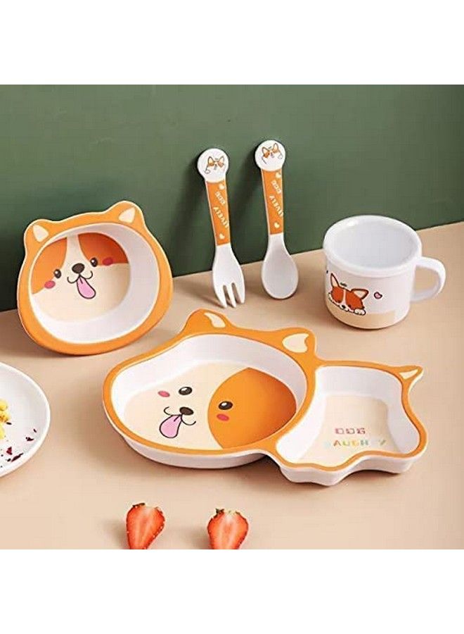 Bamboo Baby Tableware Set Eco Friendly Bamboo Fiber Dinner Set For Weaning Toddlers;Kids Set Of Plate Bowl Cup Fork And Spoon;Baby Feeding Utensils For Kids And Toddlers (Dog)