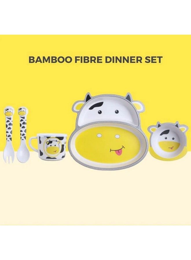 Cow Face Bamboo Baby Tableware Set Eco Friendly Bamboo Fiber Dinner Set For Weaning Toddlers;Kids Set Of Plate Bowl Cup Fork And Spoon;Baby Feeding Utensils For Kids (Cow Small)