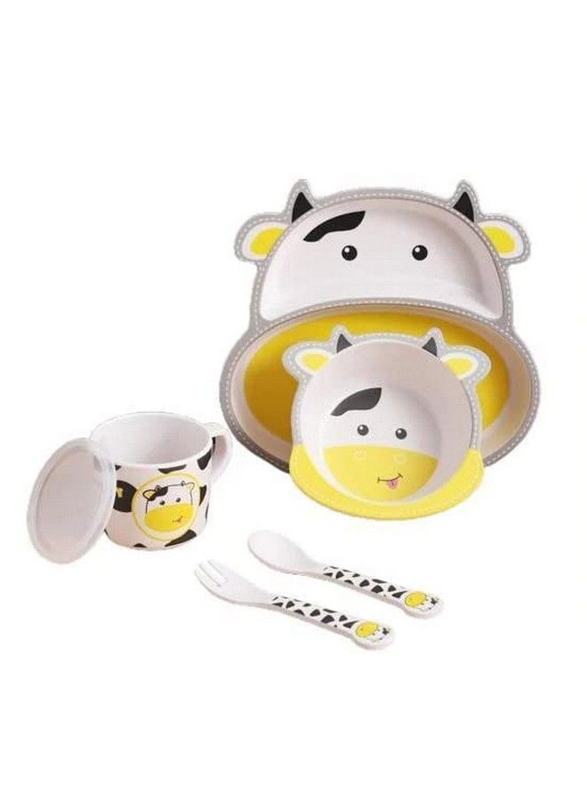 Cow Face Bamboo Baby Tableware Set Eco Friendly Bamboo Fiber Dinner Set For Weaning Toddlers;Kids Set Of Plate Bowl Cup Fork And Spoon;Baby Feeding Utensils For Kids (Cow Small)