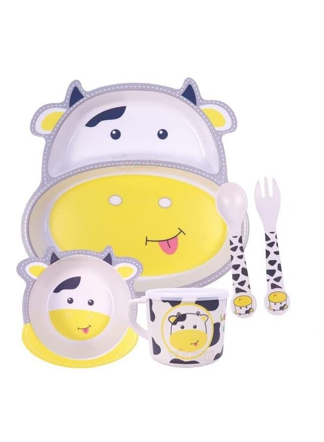 Cow Face Bamboo Baby Tableware Set Eco Friendly Bamboo Fiber Dinner Set For Weaning Toddlers;Kids Set Of Plate Bowl Cup Fork And Spoon;Baby Feeding Utensils For Kids (Cow Small)