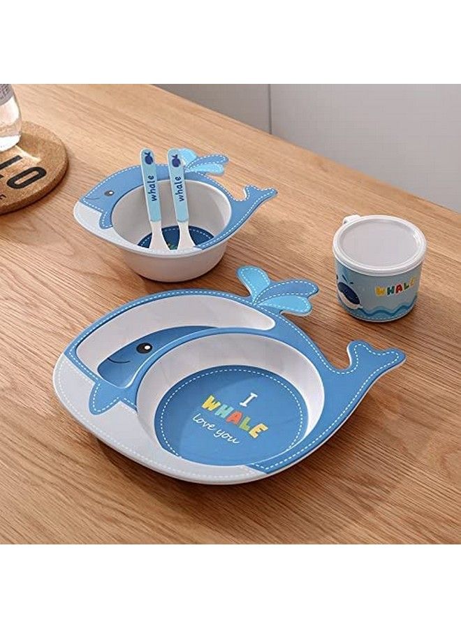 Bamboo Baby Tableware Set Eco Friendly Bamboo Fiber Dinner Set For Weaning Toddlers;Kids Set Of Plate Bowl Cup Fork And Spoon;Baby Feeding Utensils For Kids And Toddlers (Dolphin)