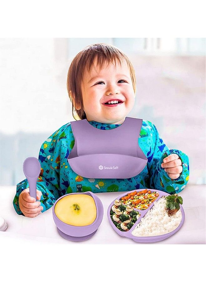 5Pcs Silicone Tableware Kit For Baby Foodgrade Silicone Tableware Kit Baby Plate & Bowl Set With Suckercupspoonbib Food Grade Silicone Bpa Free Dishwasher & Microwave Safe (Purple)