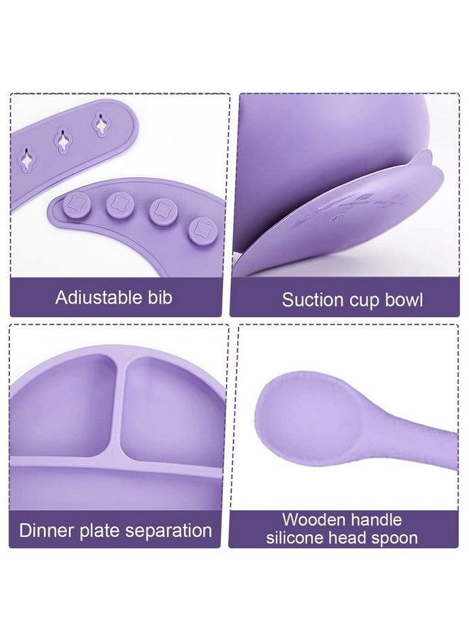 5Pcs Silicone Tableware Kit For Baby Foodgrade Silicone Tableware Kit Baby Plate & Bowl Set With Suckercupspoonbib Food Grade Silicone Bpa Free Dishwasher & Microwave Safe (Purple)