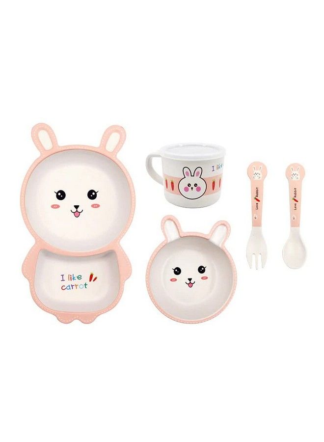 Rabbit Bamboo Baby Tableware Set Eco Friendly Bamboo Fiber Dinner Set For Weaning Toddlers;Kids Set Of Plate Bowl Cup Fork And Spoon;Baby Feeding Utensils For Kids (Rabbit)