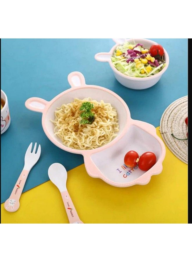 Rabbit Bamboo Baby Tableware Set Eco Friendly Bamboo Fiber Dinner Set For Weaning Toddlers;Kids Set Of Plate Bowl Cup Fork And Spoon;Baby Feeding Utensils For Kids (Rabbit)