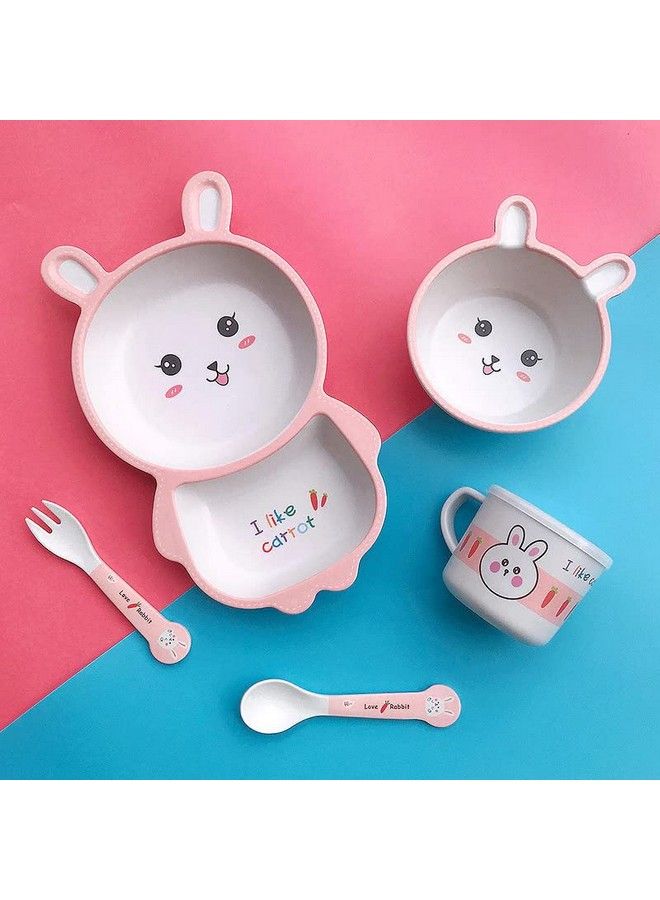 Rabbit Bamboo Baby Tableware Set Eco Friendly Bamboo Fiber Dinner Set For Weaning Toddlers;Kids Set Of Plate Bowl Cup Fork And Spoon;Baby Feeding Utensils For Kids (Rabbit)