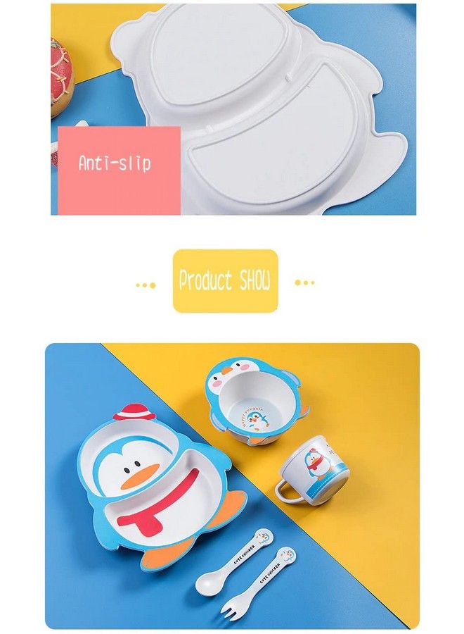 Penguin Shape Bamboo Baby Tableware Set Eco Friendly Bamboo Fiber Dinner Set For Weaning Toddlers;Kids Set Of Plate Bowl Cup Fork And Spoon;Baby Feeding Utensils For Kids (Penguin)