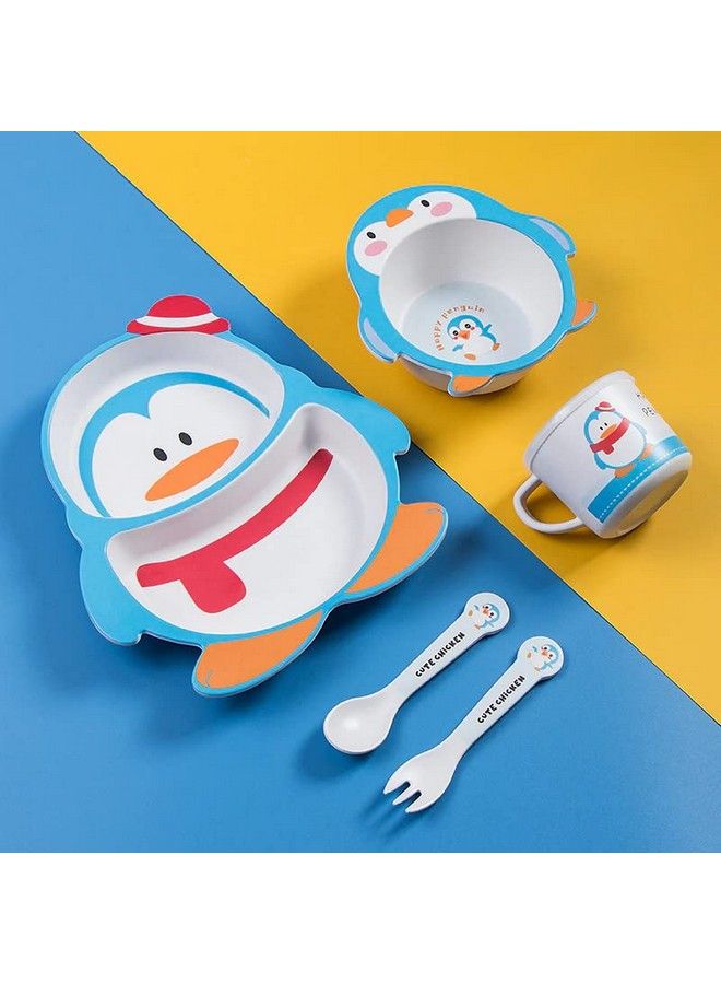 Penguin Shape Bamboo Baby Tableware Set Eco Friendly Bamboo Fiber Dinner Set For Weaning Toddlers;Kids Set Of Plate Bowl Cup Fork And Spoon;Baby Feeding Utensils For Kids (Penguin)