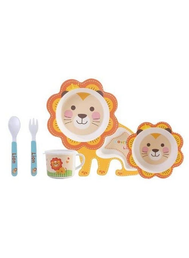 Bamboo Baby Tableware Set Eco Friendly Bamboo Fiber Dinner Set For Weaning Toddlers;Kids Set Of Plate Bowl Cup Fork And Spoon;Baby Feeding Utensils For Kids And Toddlers (Lion)