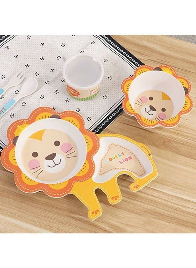 Bamboo Baby Tableware Set Eco Friendly Bamboo Fiber Dinner Set For Weaning Toddlers;Kids Set Of Plate Bowl Cup Fork And Spoon;Baby Feeding Utensils For Kids And Toddlers (Lion)