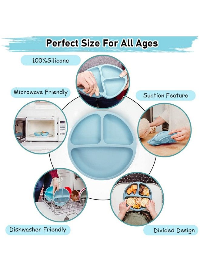 Baby Suction Plates For Baby Feeding With 4 Strong Suction Cups Silicone Toddler Plates With Deep Divided For Kids To Feed Themselves Dish Washer & Micro Wave Oven Safe (Blue)