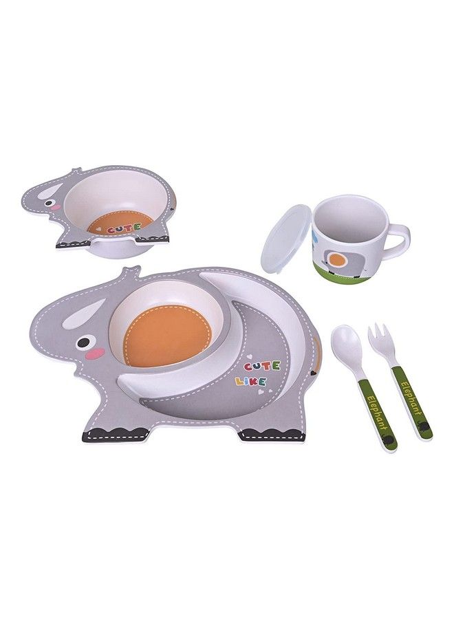 Bamboo Baby Tableware Set Eco Friendly Bamboo Fiber Dinner Set For Weaning Toddlers;Kids Set Of Plate Bowl Cup Fork And Spoon;Baby Feeding Utensils For Kids And Toddlers (Elephant)