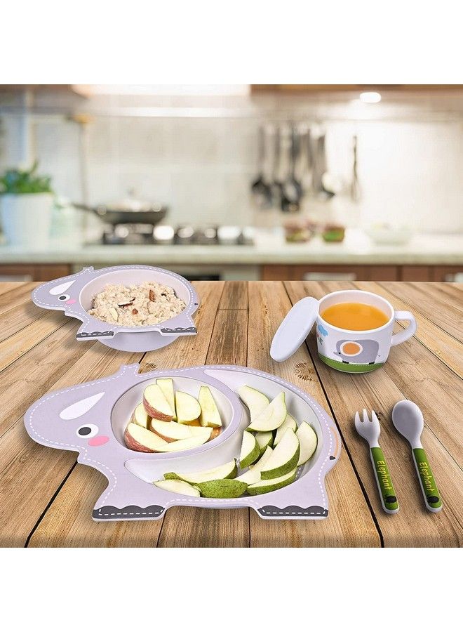 Bamboo Baby Tableware Set Eco Friendly Bamboo Fiber Dinner Set For Weaning Toddlers;Kids Set Of Plate Bowl Cup Fork And Spoon;Baby Feeding Utensils For Kids And Toddlers (Elephant)