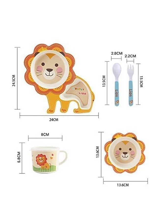 Lion Shape Bamboo Baby Tableware Set Eco Friendly Bamboo Fiber Dinner Set For Weaning Toddlers;Kids Set Of Plate Bowl Cup Fork And Spoon;Baby Feeding Utensils For Kids (Lion Small)