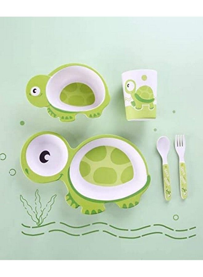 Bamboo Baby Tableware Set Eco Friendly Bamboo Fiber Dinner Set For Weaning Toddlers;Kids Set Of Plate Bowl Cup Fork And Spoon;Baby Feeding Utensils For Kids And Toddlers (Turtle)