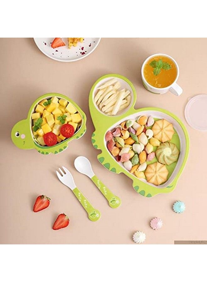 Bamboo Baby Tableware Set Eco Friendly Bamboo Fiber Dinner Set For Weaning Toddlers;Kids Set Of Plate Bowl Cup Fork And Spoon;Baby Feeding Utensils For Kids And Toddlers (Turtle)