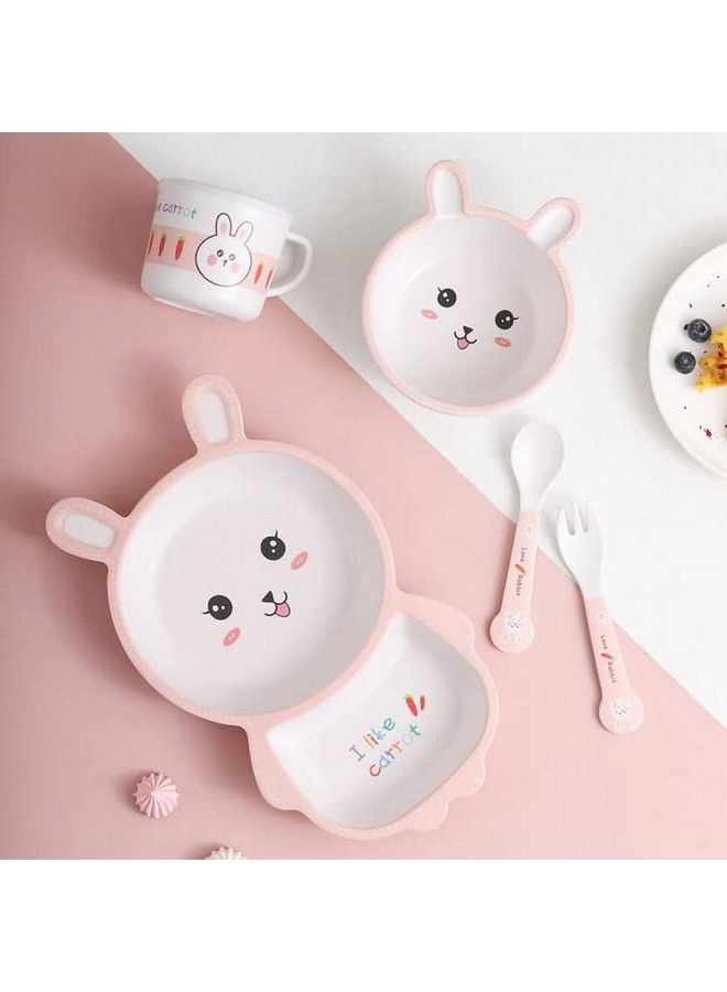 Rabbit Bamboo Baby Tableware Set Eco Friendly Bamboo Fiber Dinner Set For Weaning Toddlers Kids Set Of Plate Bowl Cup Fork And Spoon Baby Feeding Utensils For Kids (Rabbit)