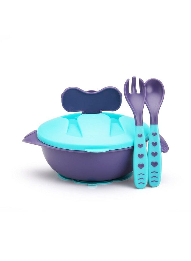 Baby Feeding Bowl With Lid Suction Cup Spoon & Fork Set For Feeding & Weaning Baby Tableware Set Soft First Stage Feeding Baby Bowl With Divider Plate & Spoon Set For Baby & Kids (Blue)