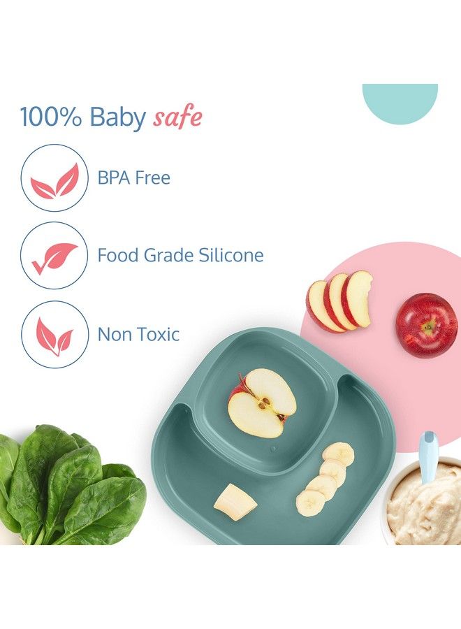 4 Piece Baby Tableware Meal Set Plate Bowl Tumbler And Spoon For Infants & Kids Attractive Colours Non Toxic Bpa Free Baby Utensil (Blue & Green Silicone)