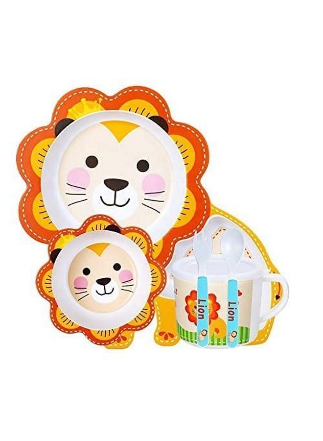 Lion Shape Bamboo Baby Tableware Set Eco Friendly Bamboo Fiber Dinner Set For Weaning Toddlers Kids Set Of Plate Bowl Cup Fork And Spoon Baby Feeding Utensils For Kids (Lion Small)