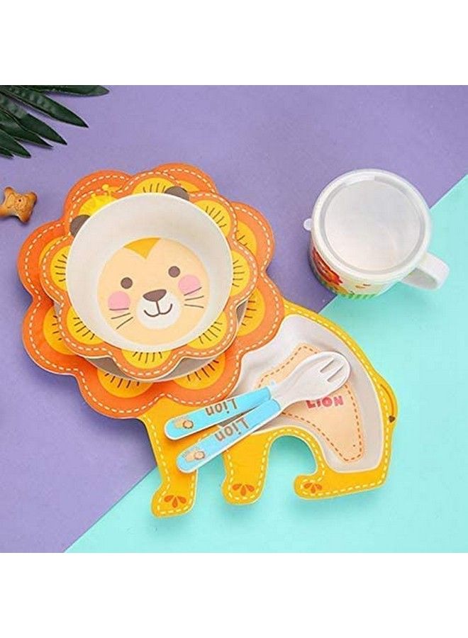 Lion Shape Bamboo Baby Tableware Set Eco Friendly Bamboo Fiber Dinner Set For Weaning Toddlers Kids Set Of Plate Bowl Cup Fork And Spoon Baby Feeding Utensils For Kids (Lion Small)