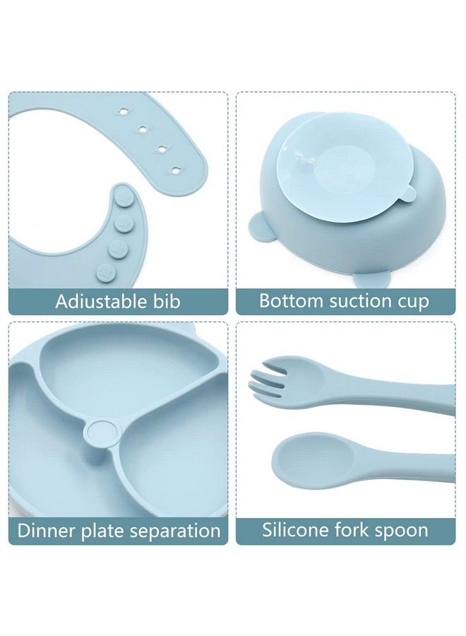 Set Of 6 Silicone Food Plate With Suction Cup Bpafree Tableware For Kids Includes Food Plate Bib Bowl Water Cup Spoon And Fork For Kids Silicone Food Plate Set For Kids Blue